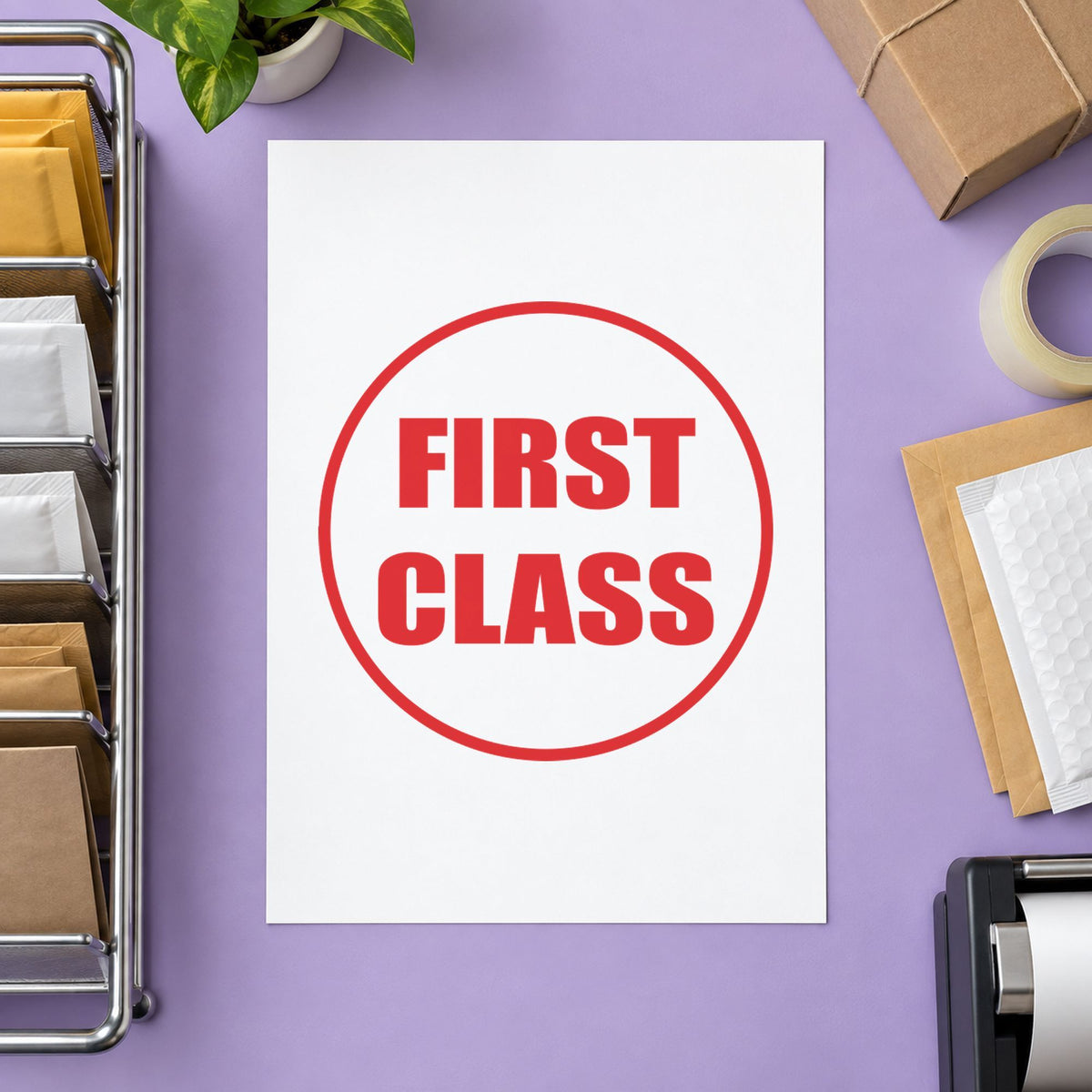 "First class" imprint sized Approximately 5/8 in diameter on a document page