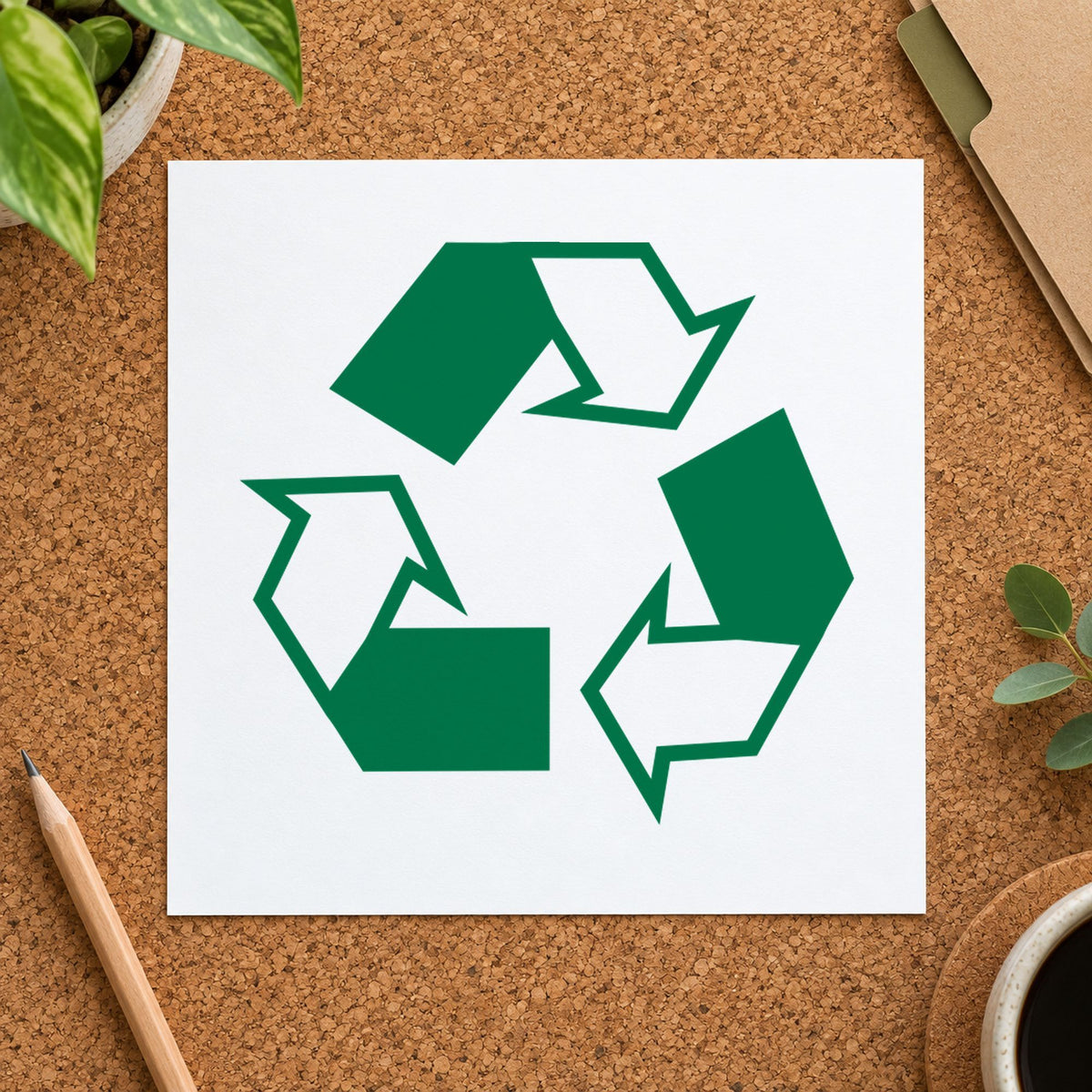 "Recycle logo" Xstamper stamp in use on paper, Approximately 5/8 in diameter round imprint