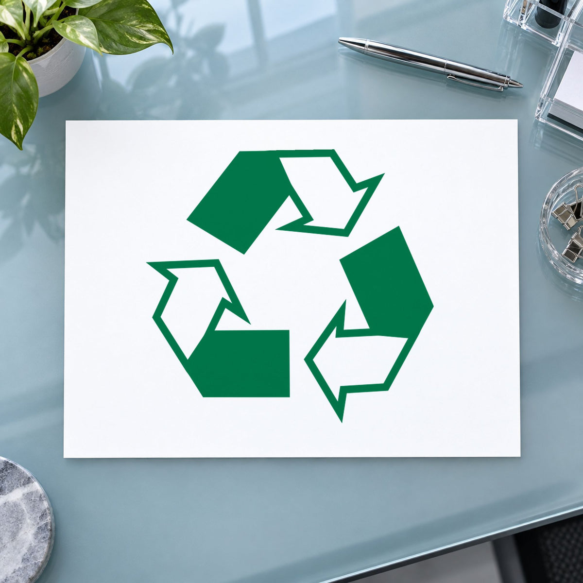 Pre-inked "Recycle logo" stamp applied to a document, Approximately 5/8 in diameter impression