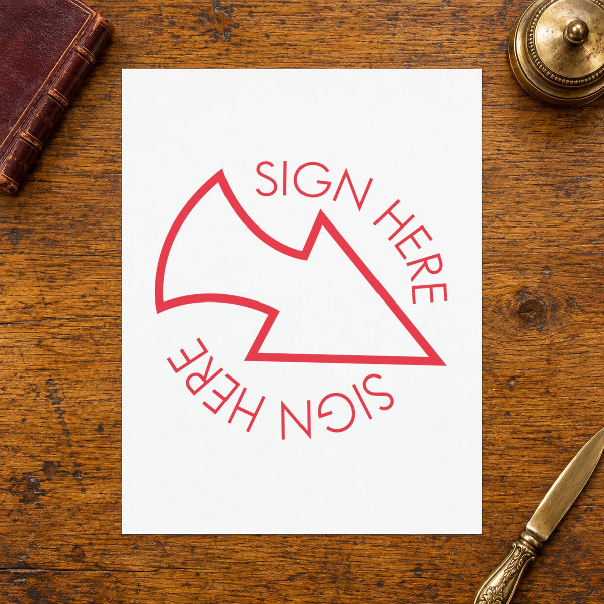 "Sign here" Xstamper No. 11425 stamp shown in everyday handling