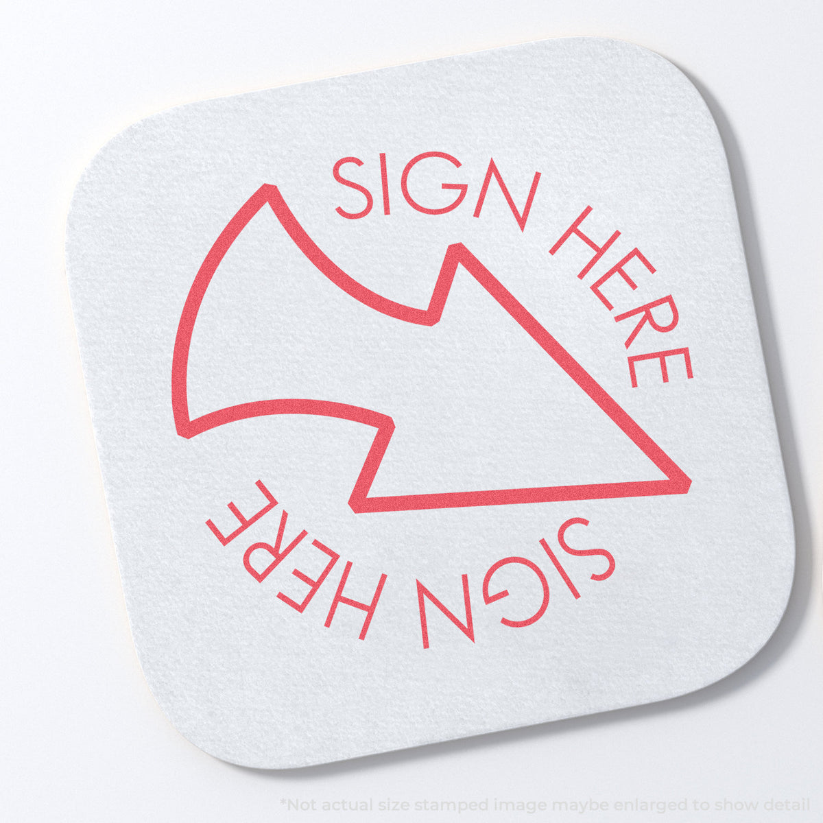 "Sign here" stamp and its crisp 5/8 in diameter impression on paper