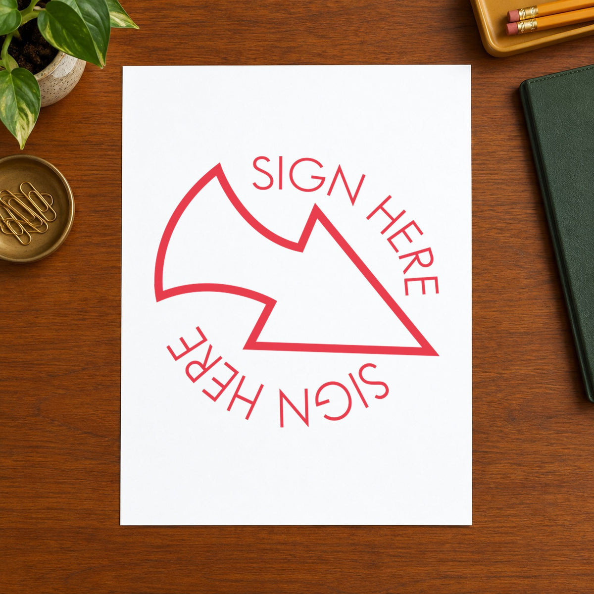 Pre-inked "Sign here" stamp applied to a document, 5/8 in diameter impression