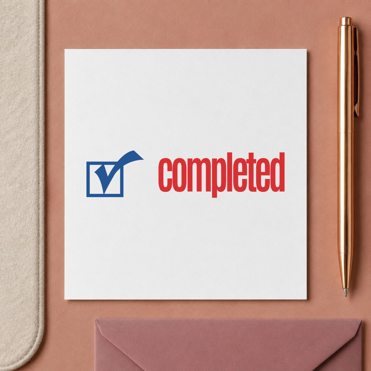 "Completed" Xstamper No. 2026 stamp shown in everyday handling