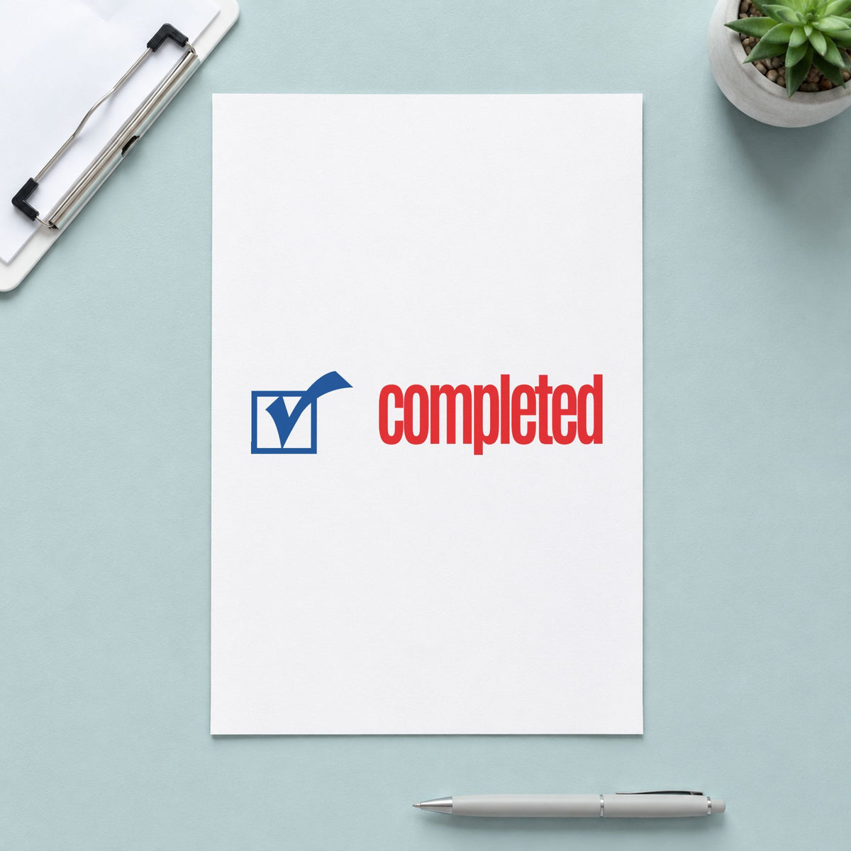 "Completed" imprint sized Approximately 1/2 in tall x 1-5/8 in wide on a document page
