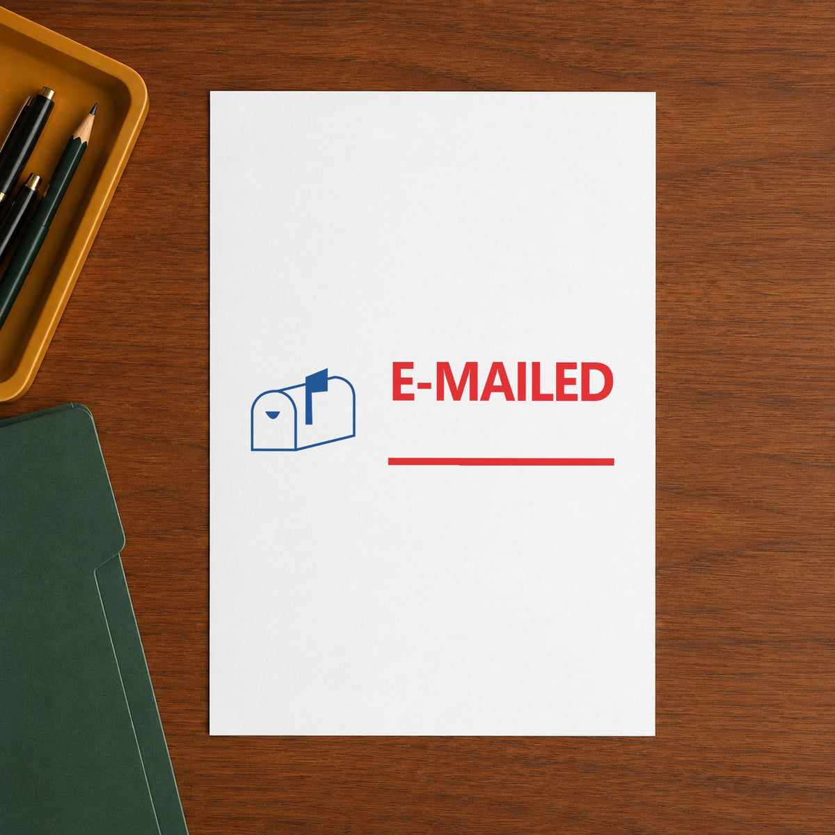 "Emailed" imprint on a printed page, Xstamper No. 2025