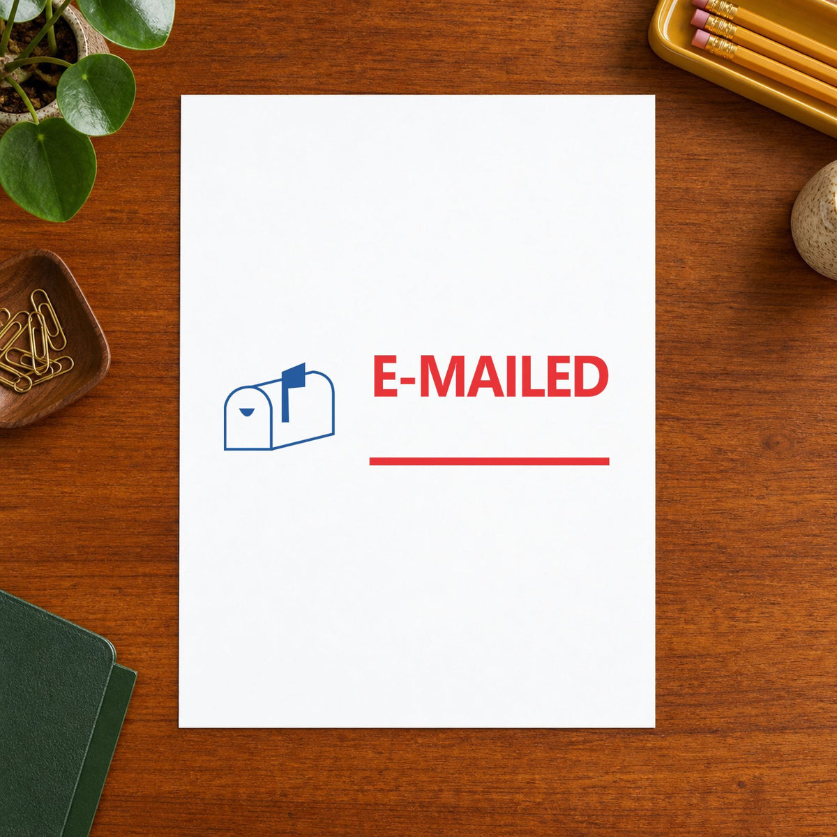 "Emailed" imprint sized Approximately 1/2 in tall x 1-5/8 in wide on a document page
