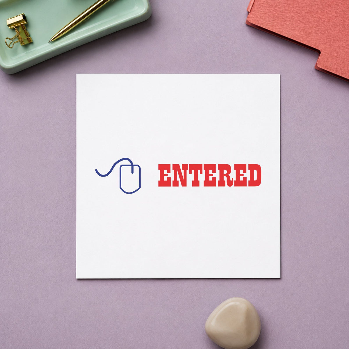 "Entered" Xstamper No. 2027 stamp shown in everyday handling