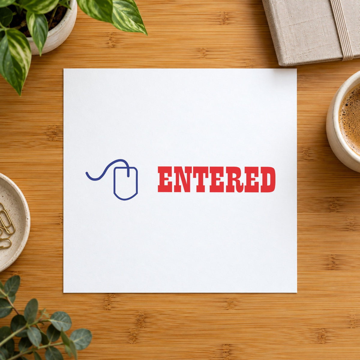 "Entered" Xstamper stamp at work on everyday office paperwork