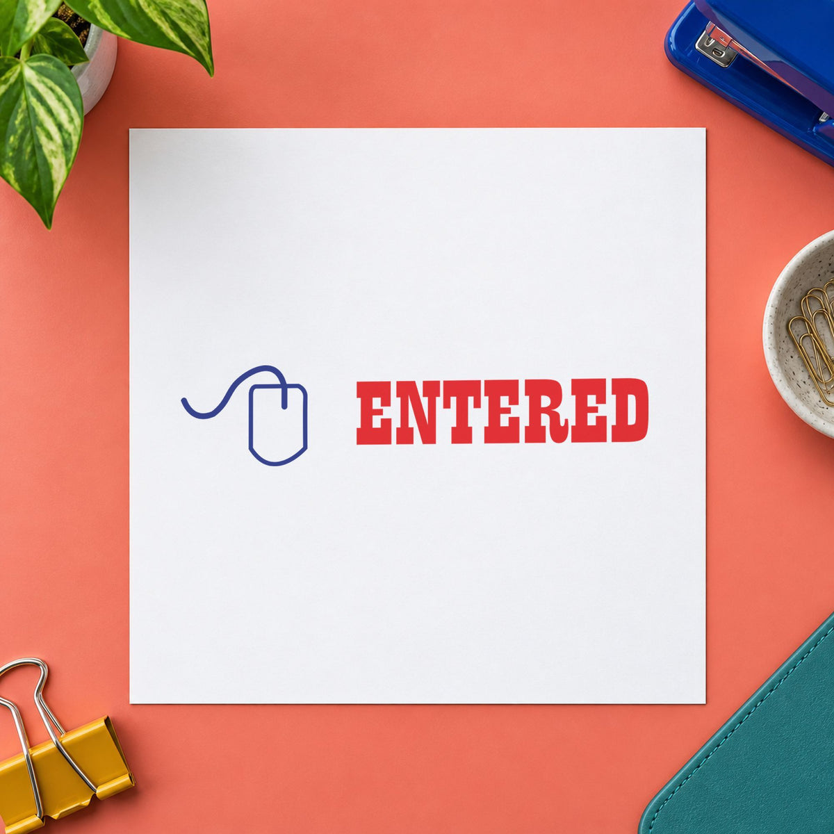 Pre-inked "Entered" stamp marking paperwork in an office setting