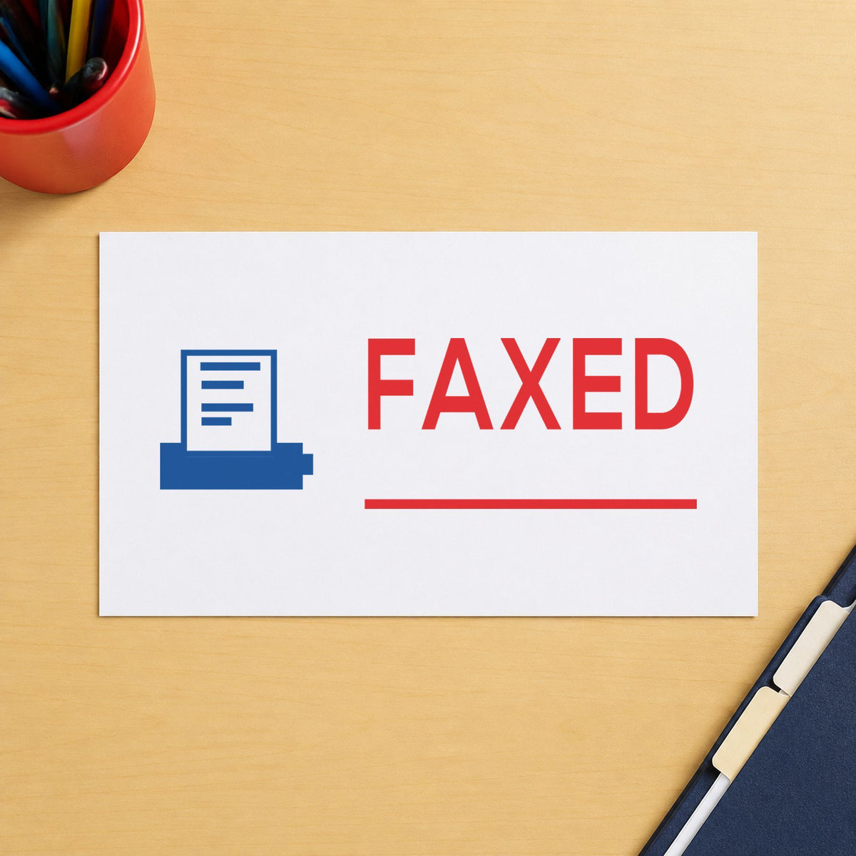 Pre-inked "Faxed" stamp marking paperwork in an office setting