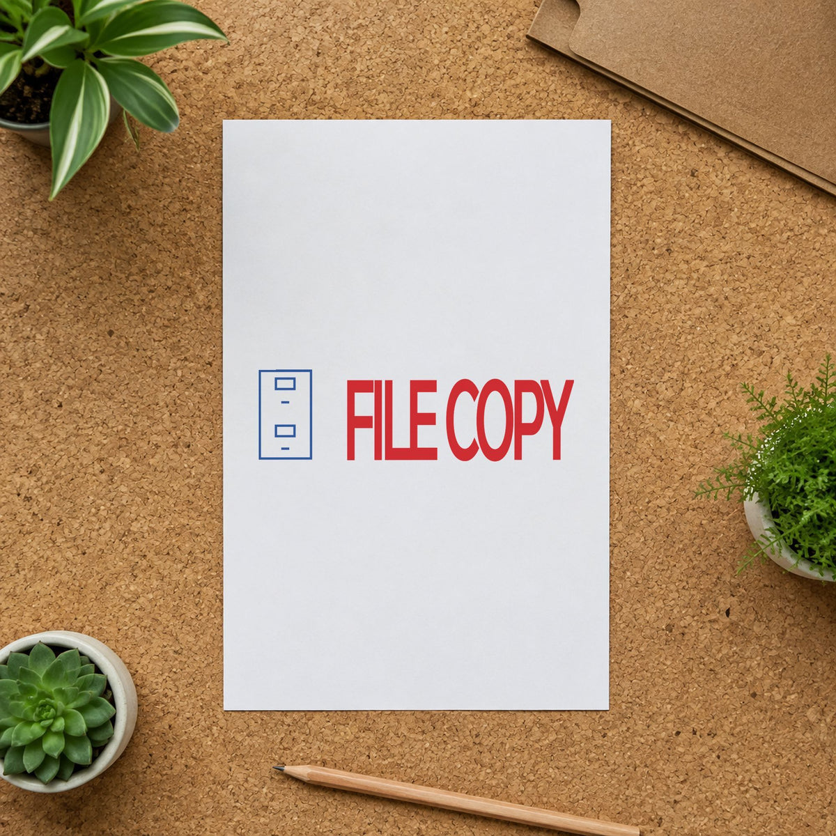 Pre-inked "File copy" stamp applied to a document, Approximately 1/2 in tall x 1-5/8 in wide impression