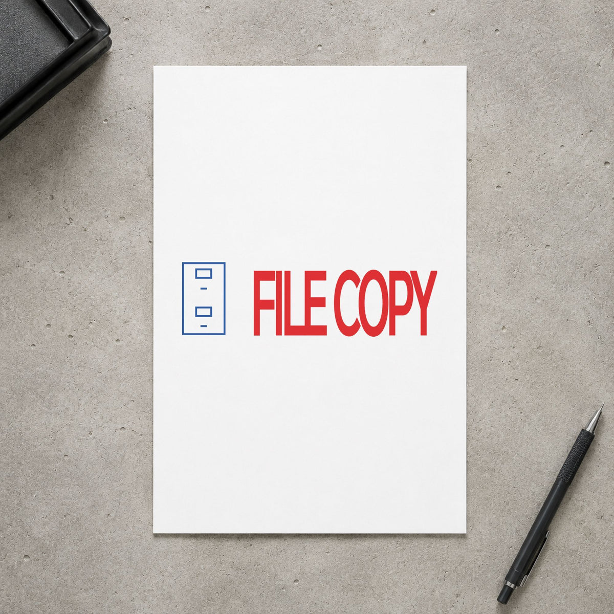 "File copy" stamp pressed on paper, no separate ink pad needed
