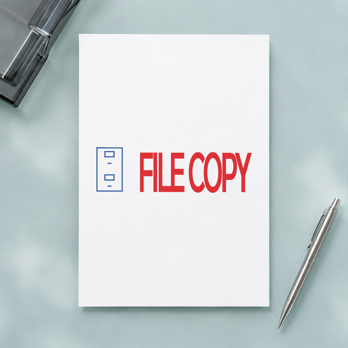 "File copy" Xstamper pre-inked stamp beside its rectangle imprint