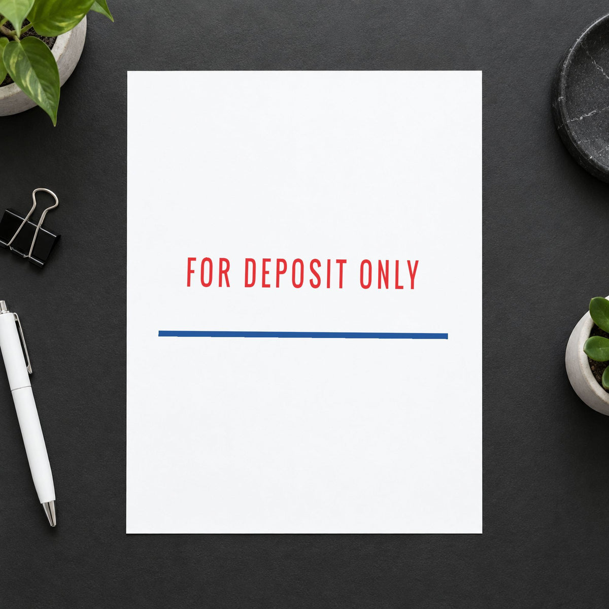 Pre-inked "For deposit only" stamp applied to a document, 1/2 x 1-5/8 in impression