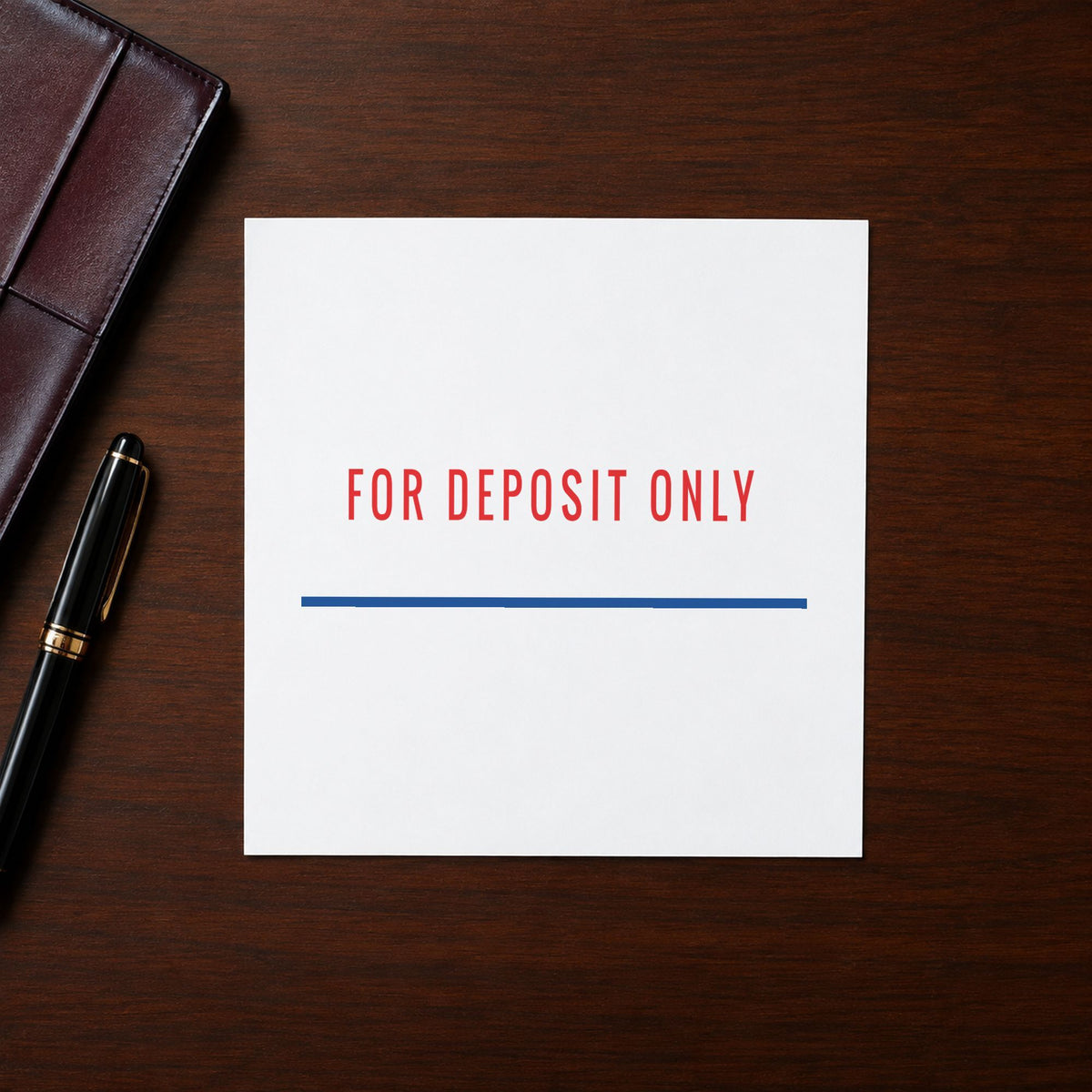 "For deposit only" Xstamper pre-inked stamp beside its rectangle imprint