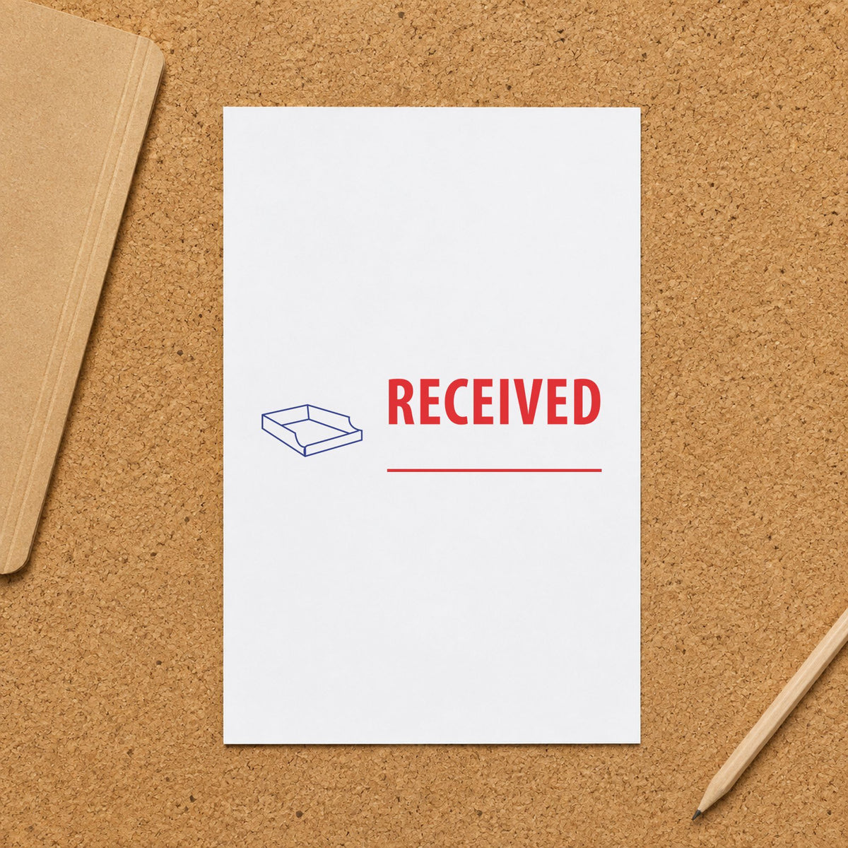 Pre-inked "Received" stamp marking paperwork in an office setting