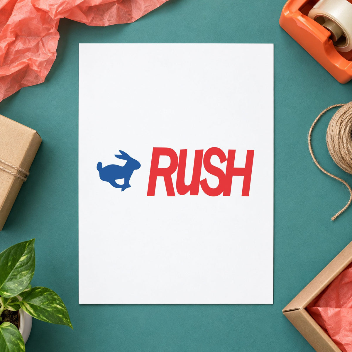 Pre-inked "Rush" stamp applied to a document, Approximately 1/2 in tall x 1-5/8 in wide impression