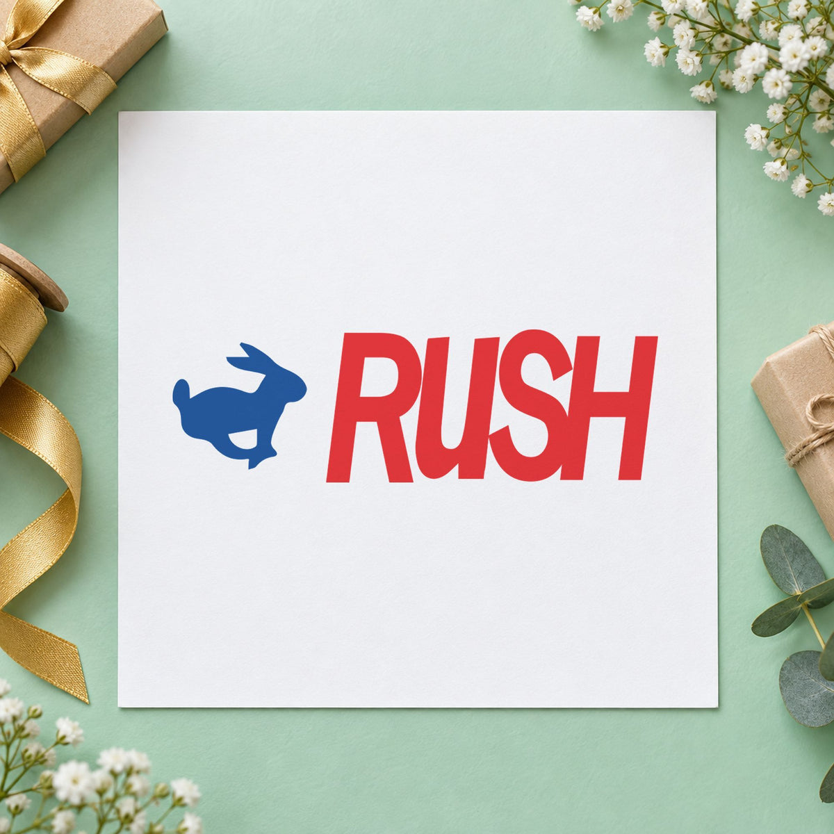"Rush" Xstamper pre-inked stamp beside its rectangle imprint