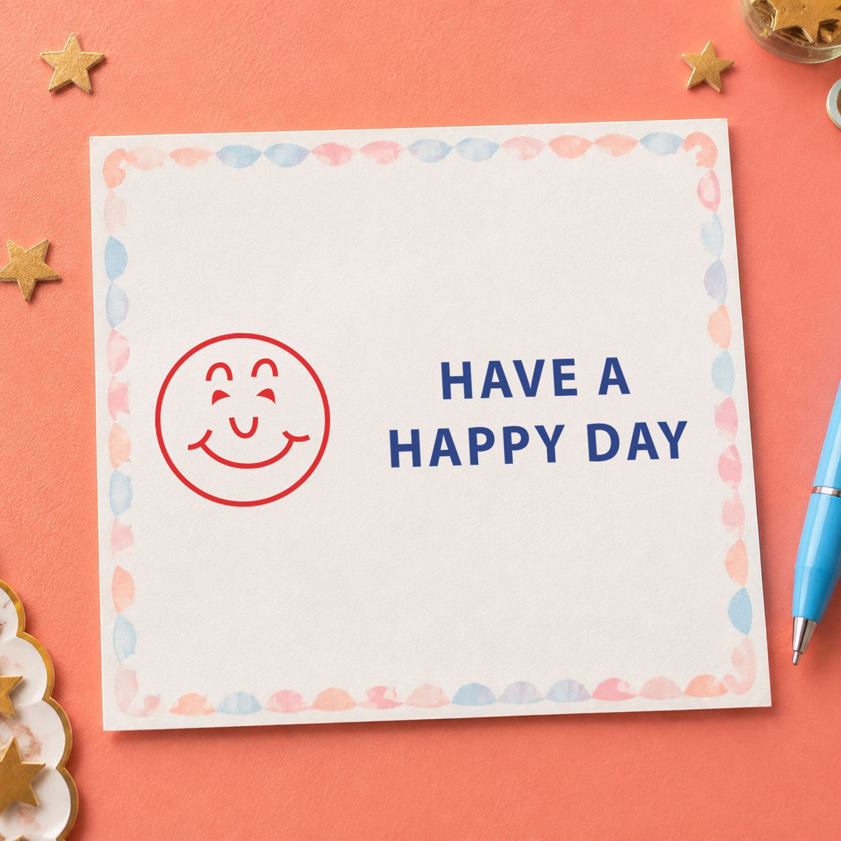 "Have a happy day" imprint on a printed page, Xstamper No. 2020