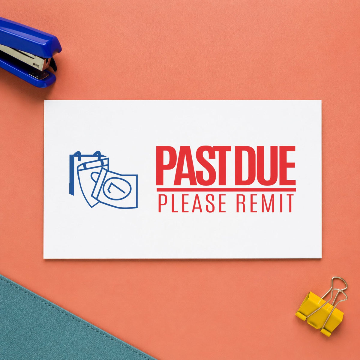 "Past due please remit" Xstamper stamp in use on paper, 1/2 x 1-5/8 in rectangle imprint