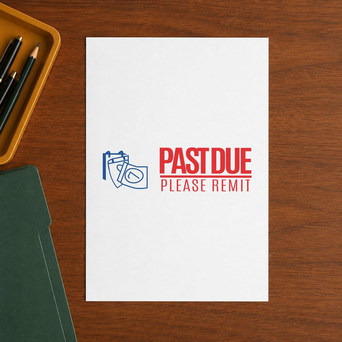 Pre-inked "Past due please remit" stamp applied to a document, 1/2 x 1-5/8 in impression