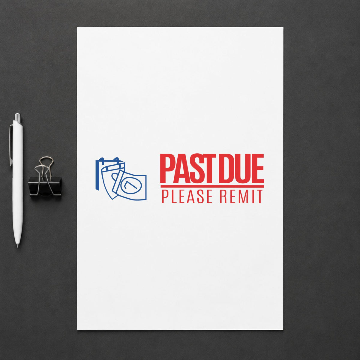 "Past due please remit" stamp pressed on paper, no separate ink pad needed