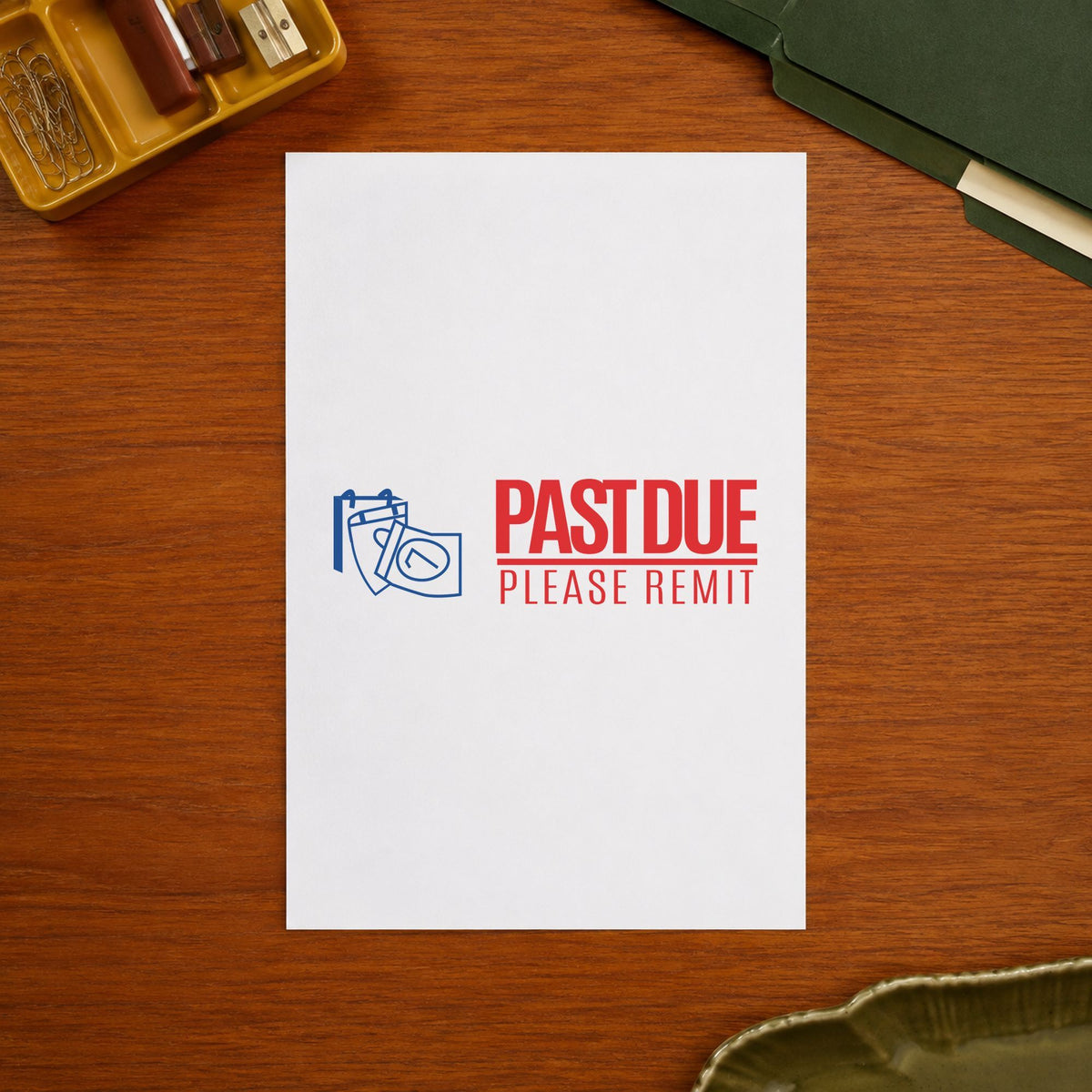 "Past due please remit" Xstamper pre-inked stamp beside its rectangle imprint