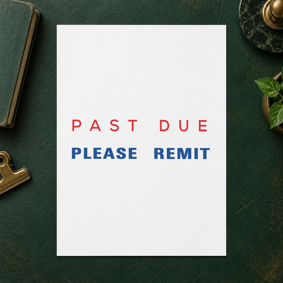 "Past due please remit" Xstamper stamp in use on paper, Approximately 1/2 in tall x 1-5/8 in wide rectangle imprint