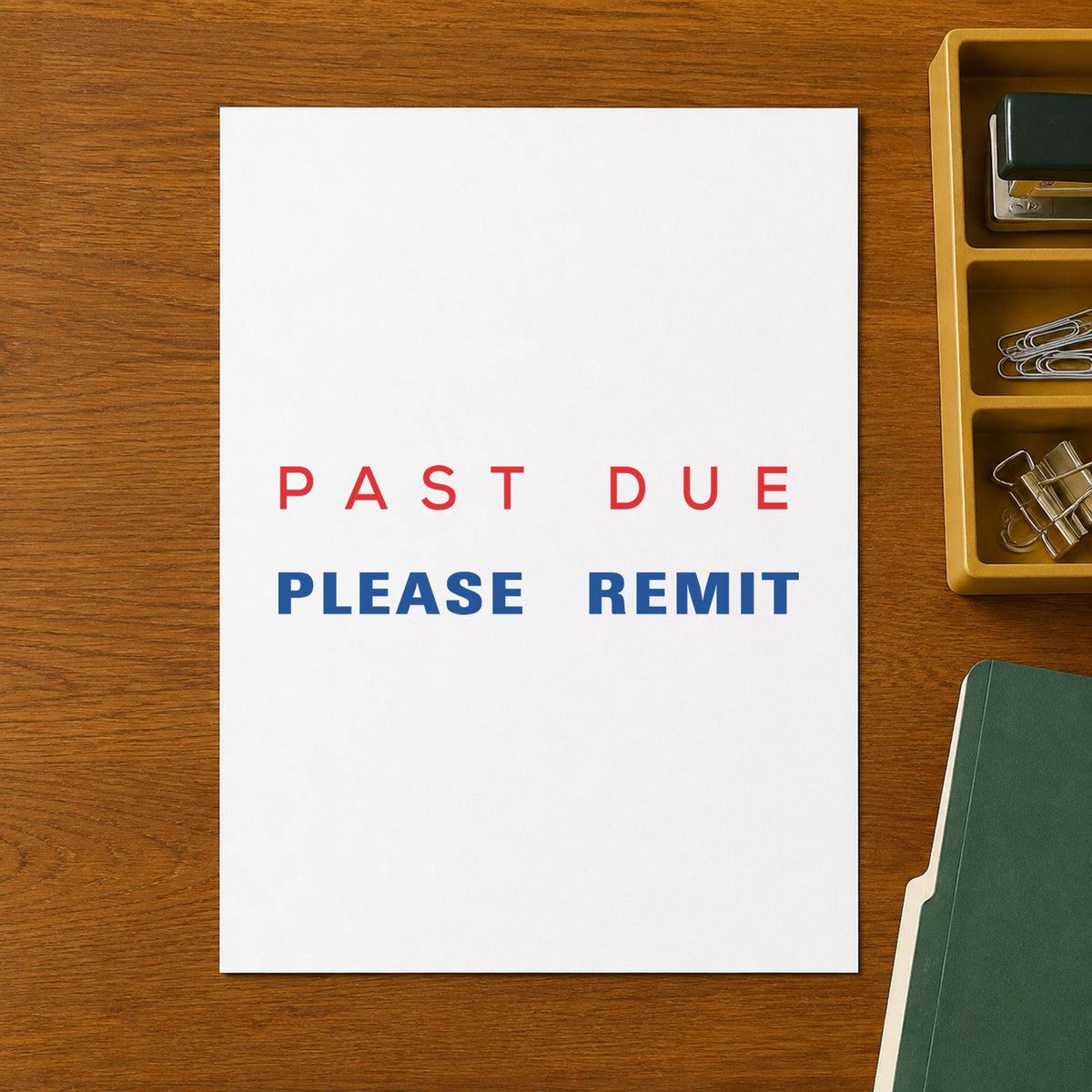 Pre-inked "Past due please remit" stamp applied to a document, Approximately 1/2 in tall x 1-5/8 in wide impression
