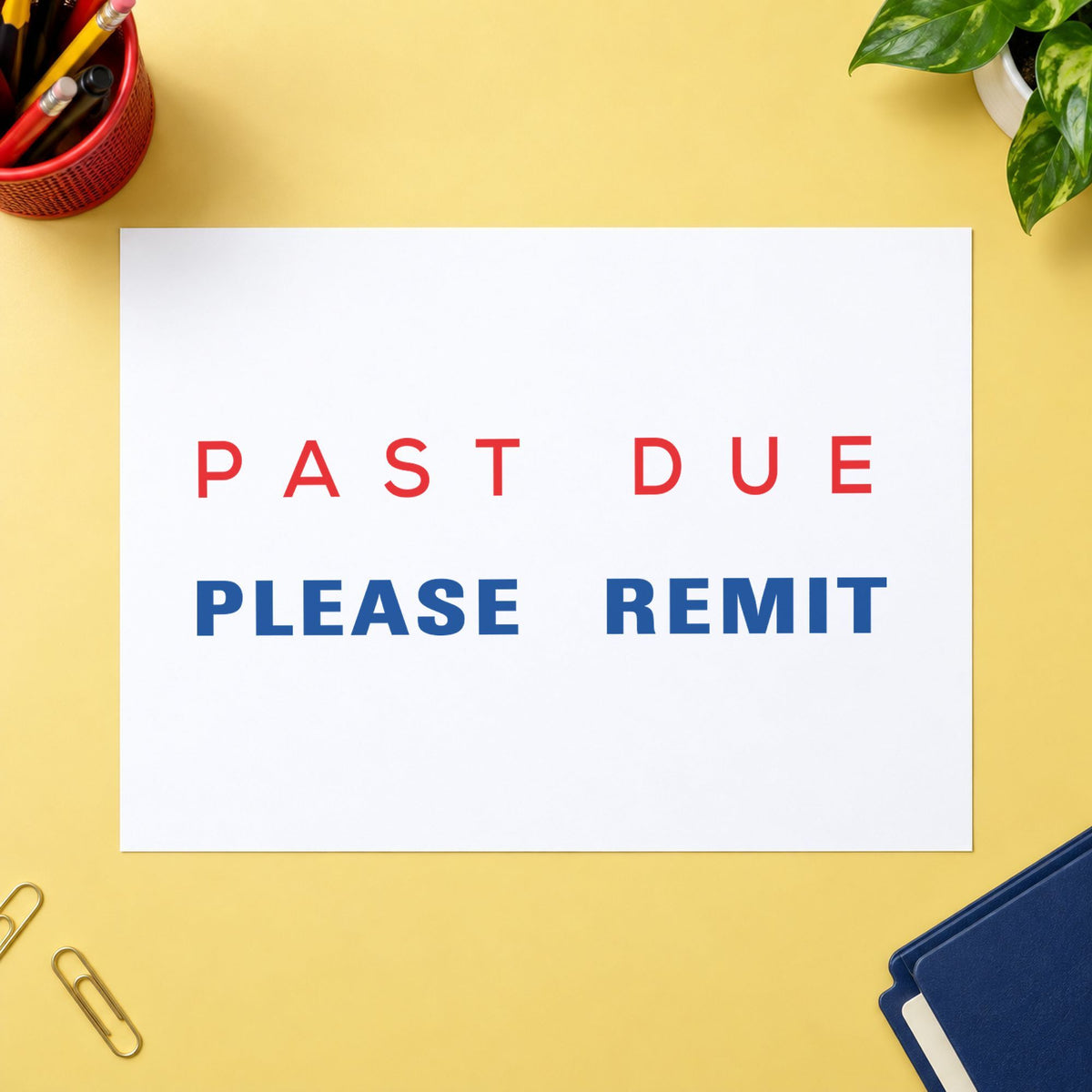 "Past due please remit" imprint on a printed page, Xstamper No. 2015