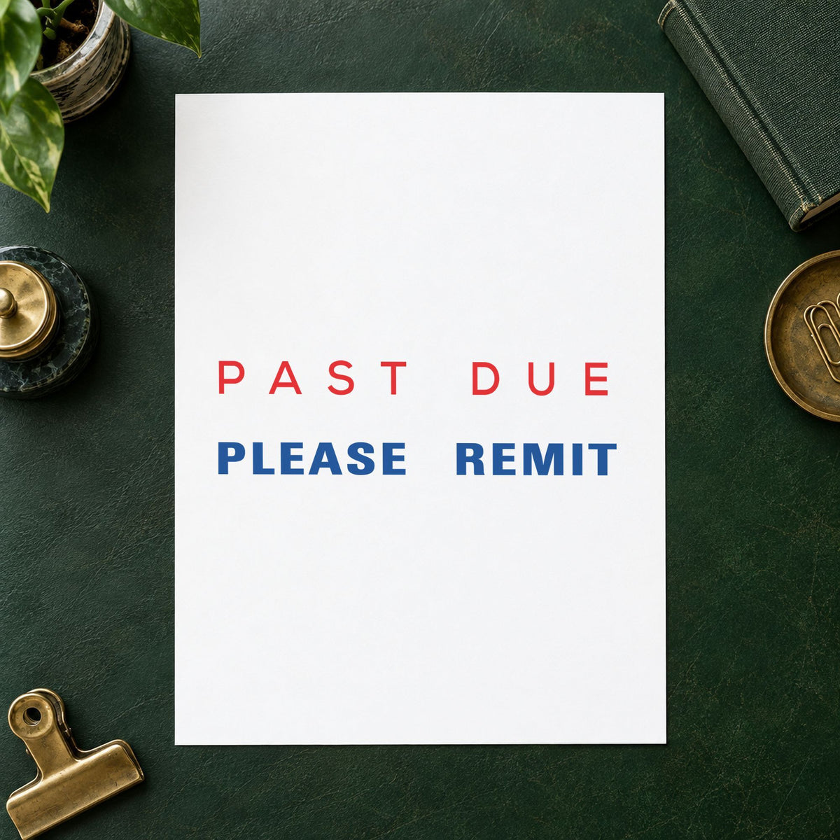 Pre-inked "Past due please remit" stamp marking paperwork in an office setting