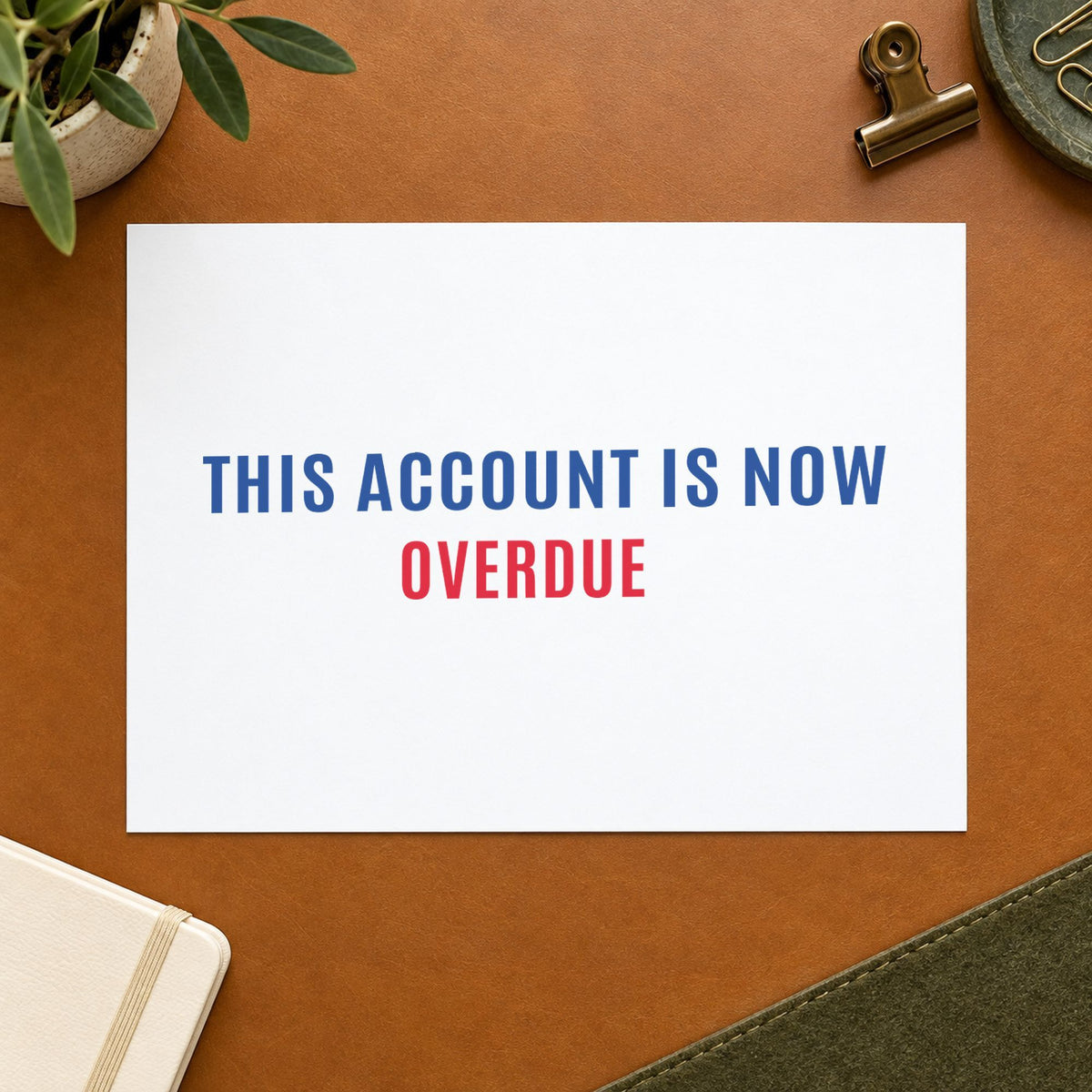 "This account is now overdue" Xstamper No. 2004 stamp shown in everyday handling