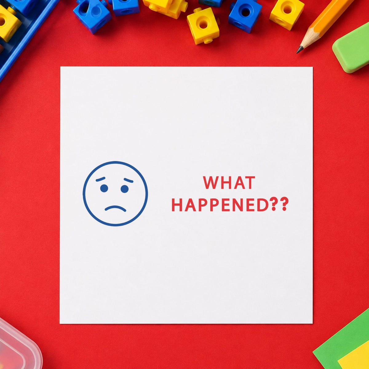 Pre-inked "What happened?" stamp applied to a document, 1/2 x 1-5/8 in impression