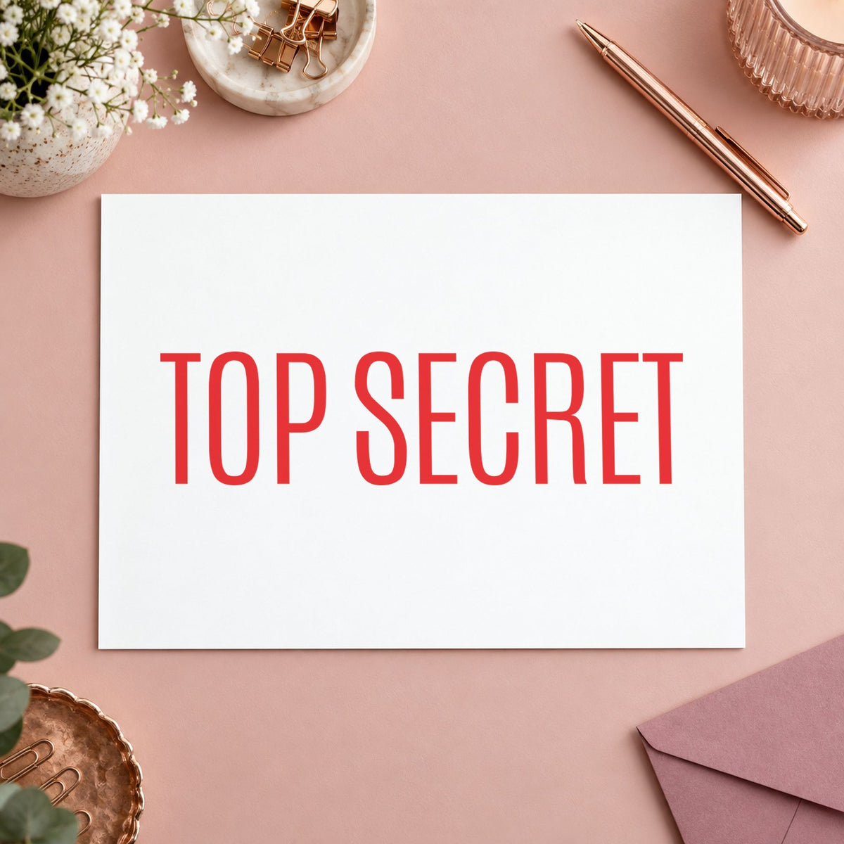 Pre-inked "Top secret" stamp marking paperwork in an office setting
