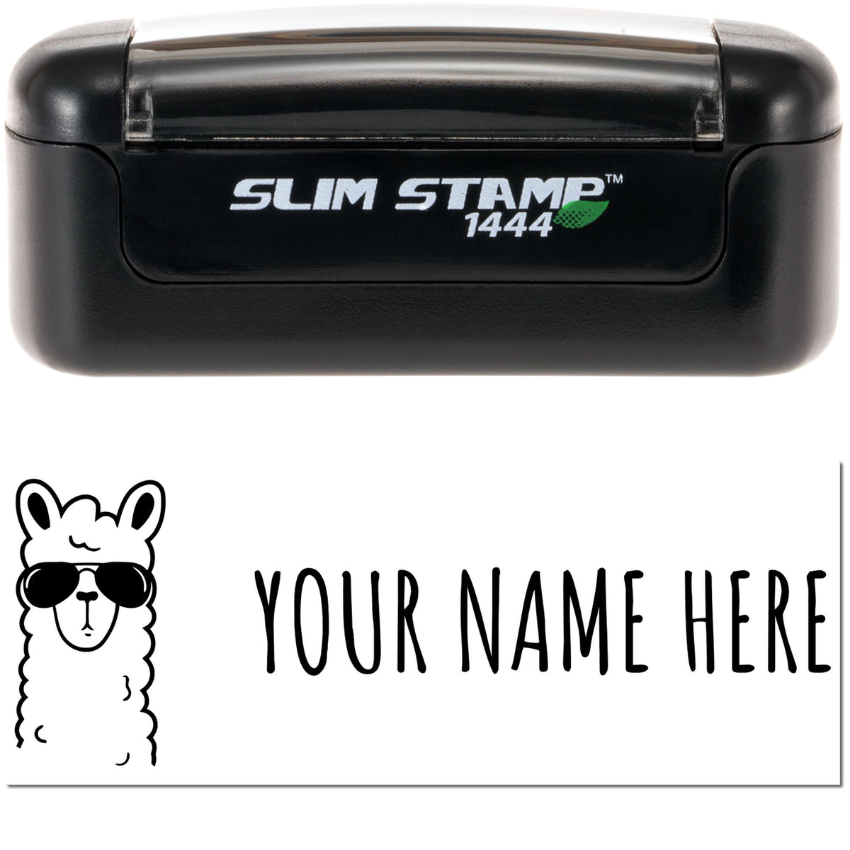 Black Slim Stamp 1444 custom stamp with llama seal, white text, green leaf accent, and Your Name Here on white background.