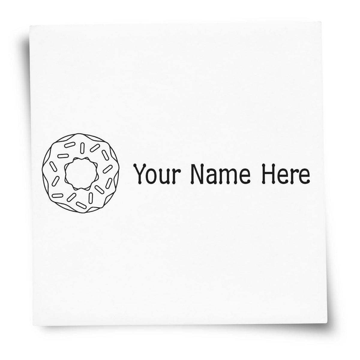 Custom black donut logo stamp and seal on white square card with Your Name Here text