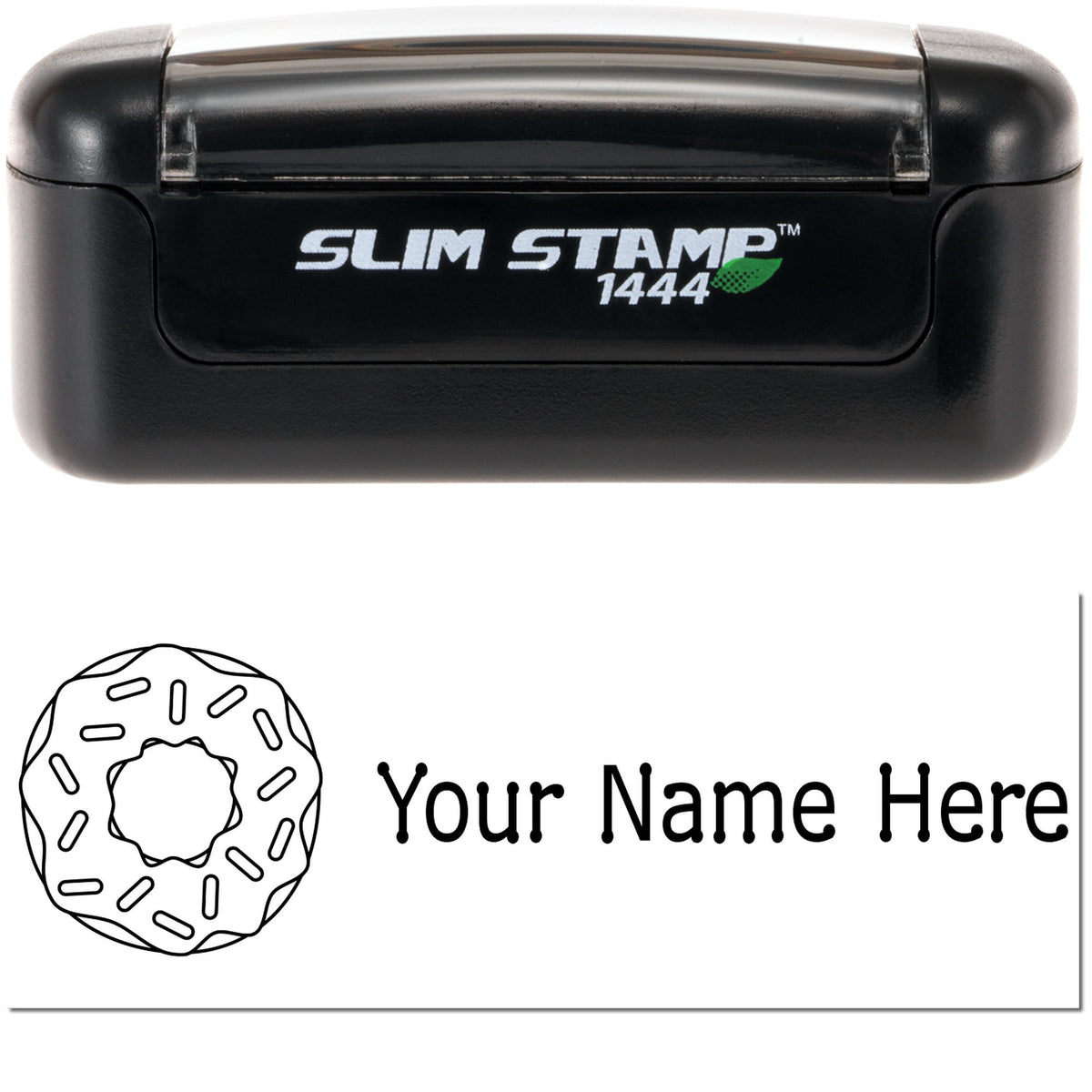 Black Slim Stamp 1444 self-inking stamp with white logo, green leaf accent, and custom donut-shaped seal reading Your Name Here