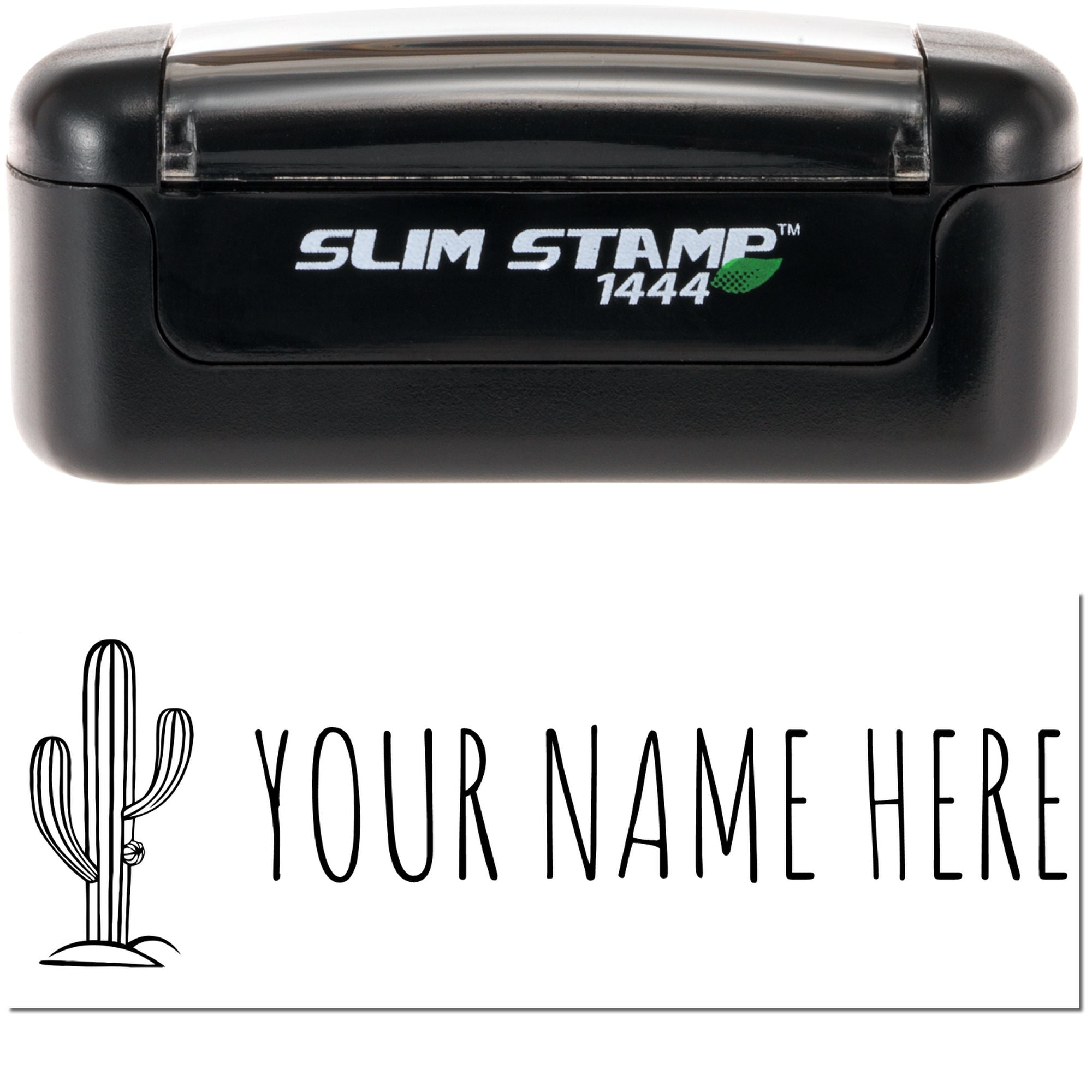 Black Slim Stamp 1444 self-inking stamp and custom seal with cactus graphic and Your Name Here text on white.