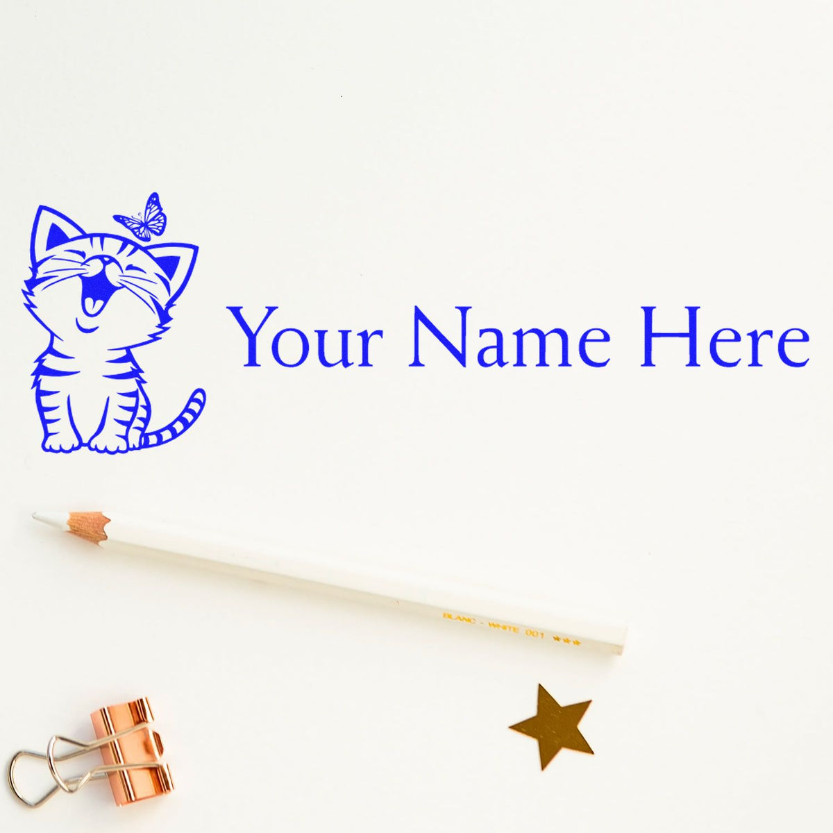 Blue custom stamp and seal design with smiling cat logo, butterfly, and Your Name Here on white paper, plus pencil and gold star.