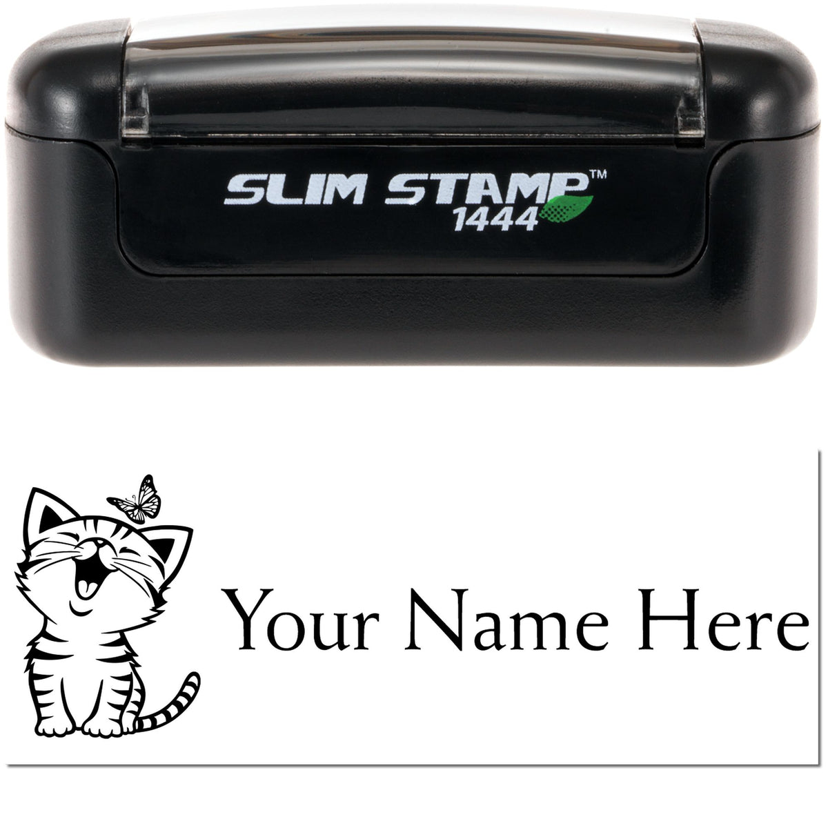 Black Slim Stamp 1444 self-inking stamp with custom seal design, cat graphic, and Your Name Here text on white background