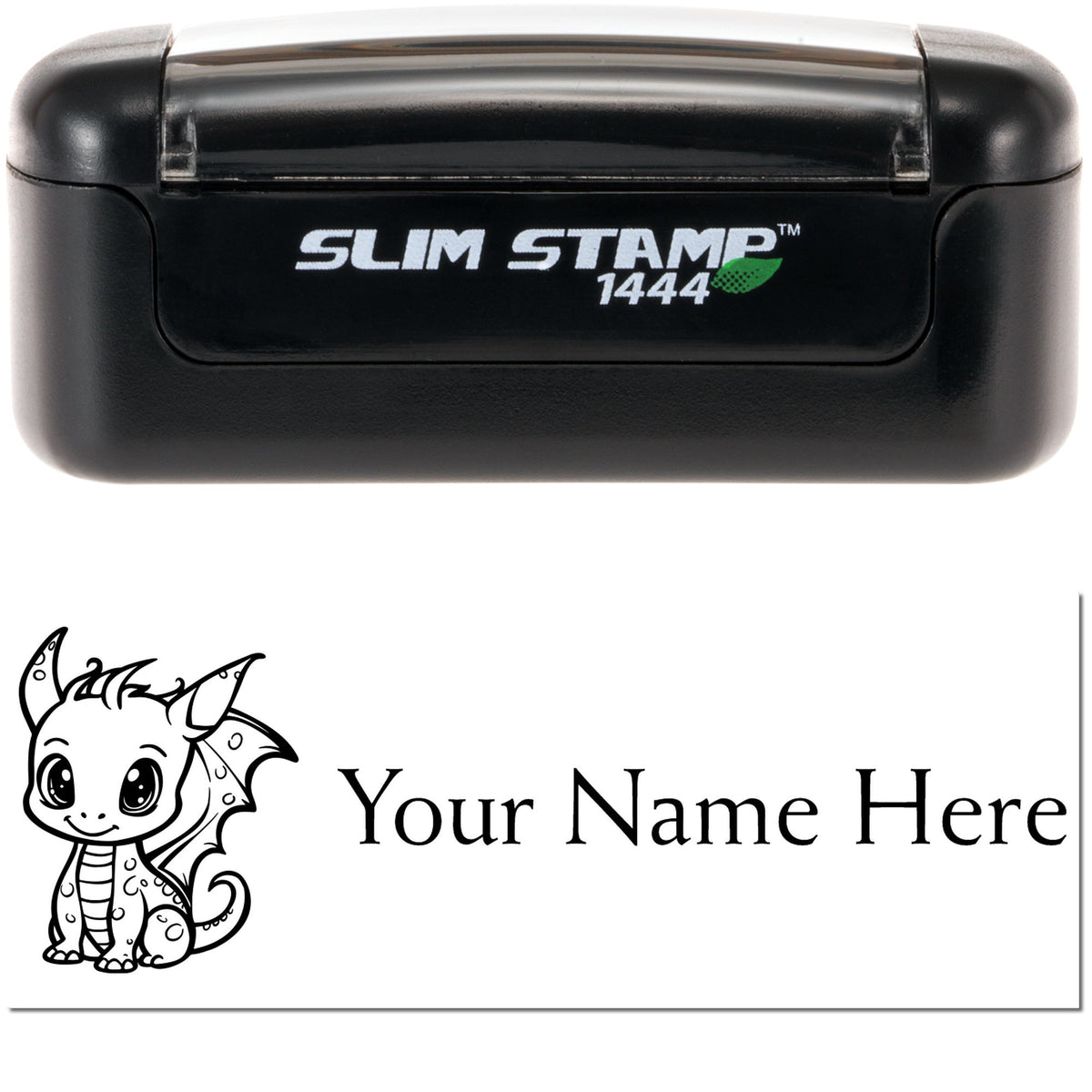Black Slim Stamp 1444 self-inking stamp with custom dragon seal and Your Name Here on a white background.