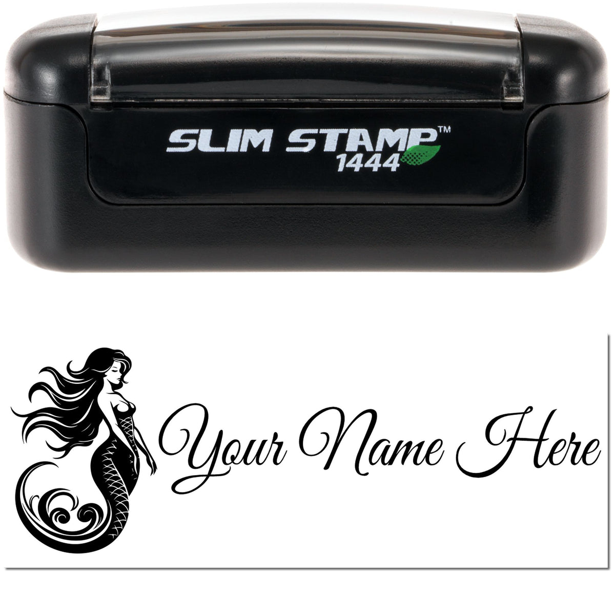 Black Slim Stamp 1444 self-inking custom stamp and seal with mermaid design and Your Name Here imprint
