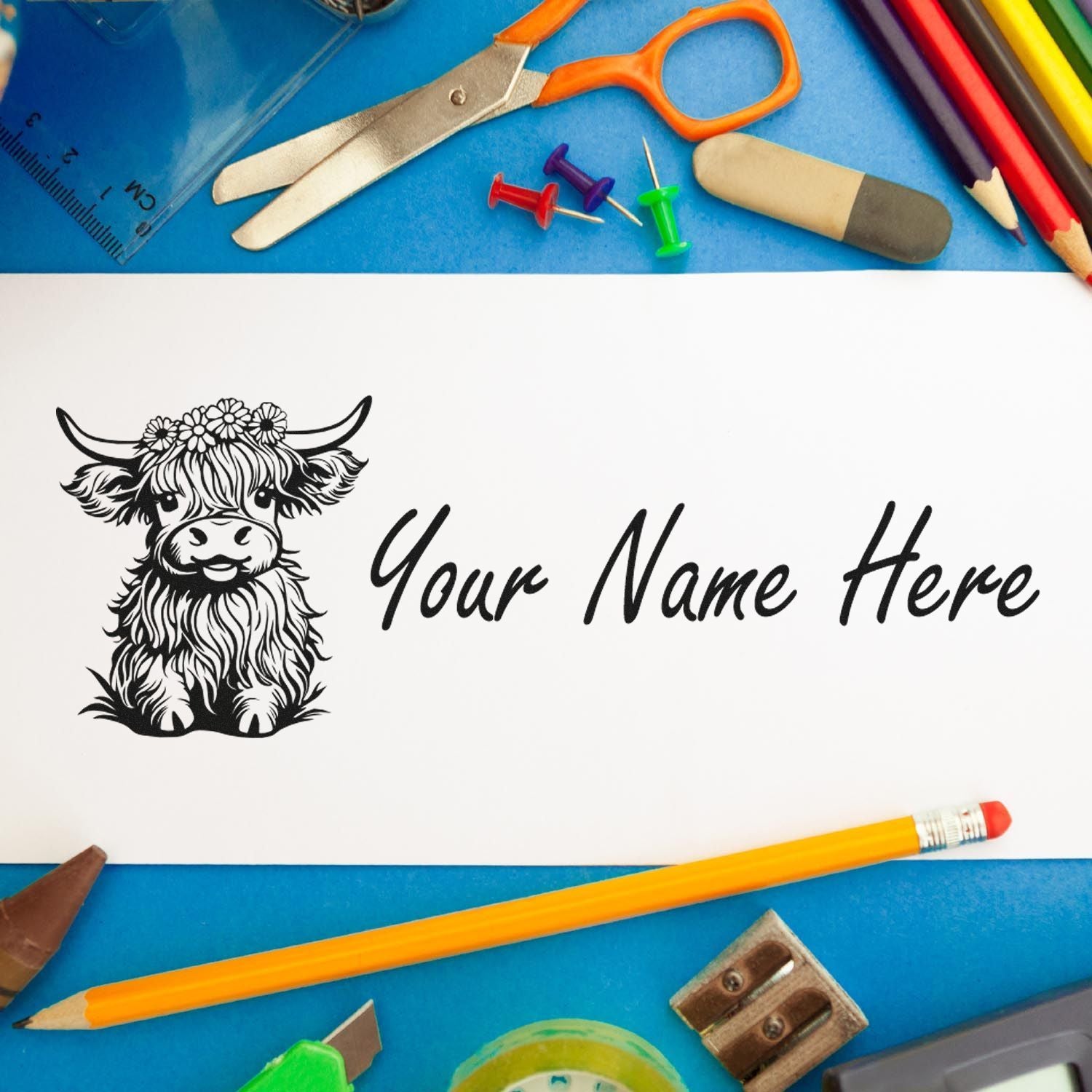 ESS Wood Handle Fluff Highland Harmony Custom Name Rubber Stamp in use, showing detailed wooden handle and personalized name imprint.