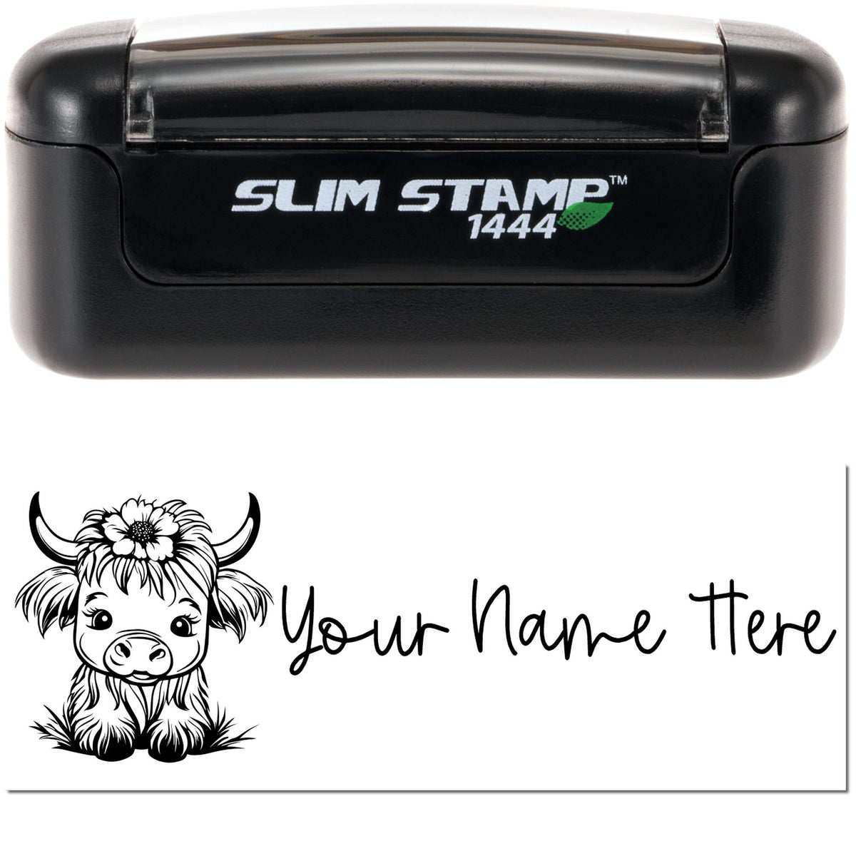 Black Slim Stamp 1444 self-inking stamp and seal with cow illustration and Your Name Here text on white background.