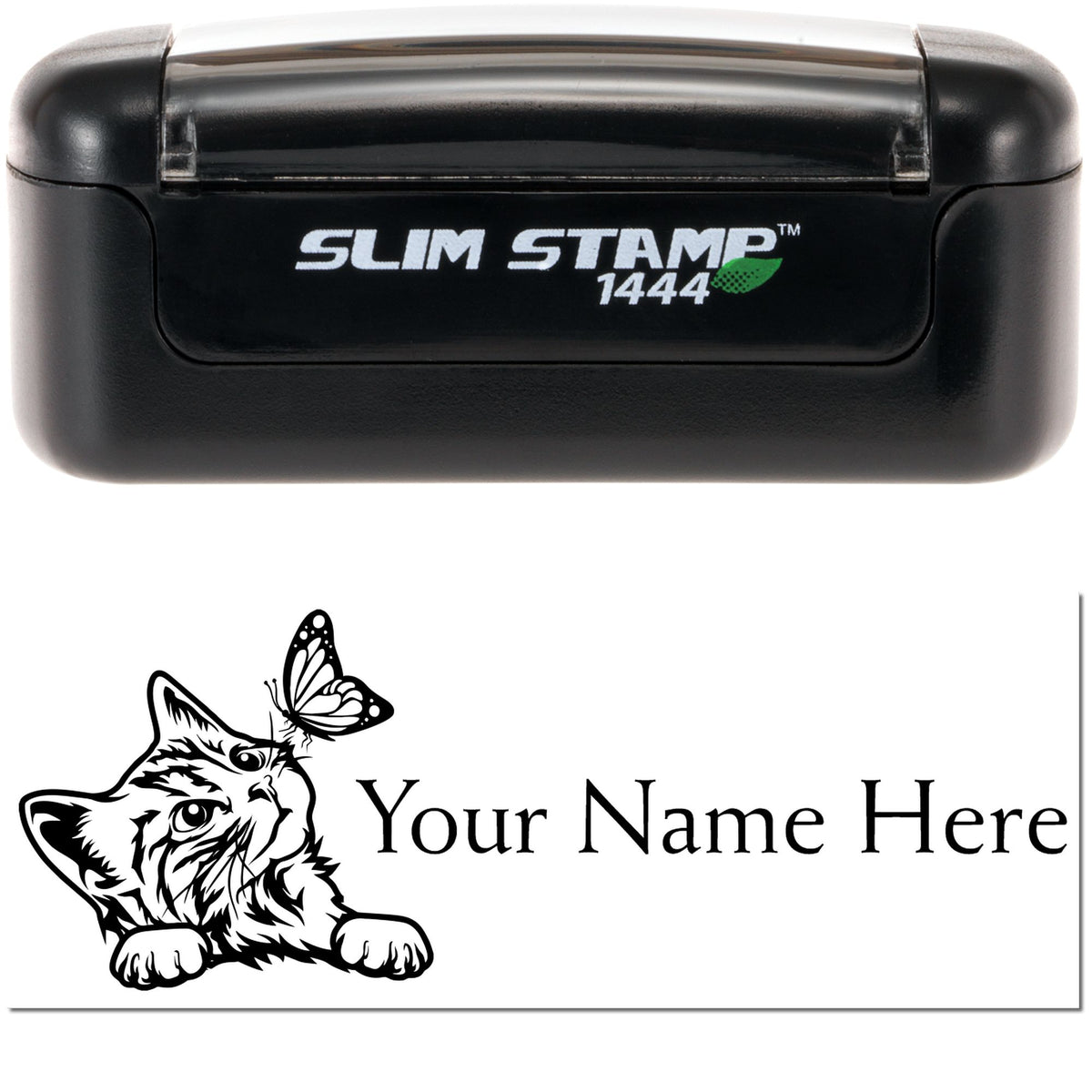 Black Slim Stamp 1444 self-inking stamp and custom seal with fox, butterfly, and Your Name Here on white background.