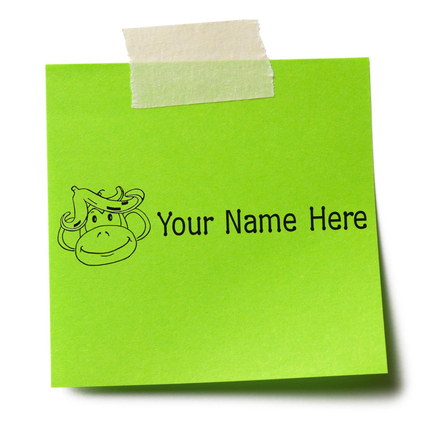 Lime green sticky note with masking tape, custom monkey stamp/seal, and black Your Name Here text.