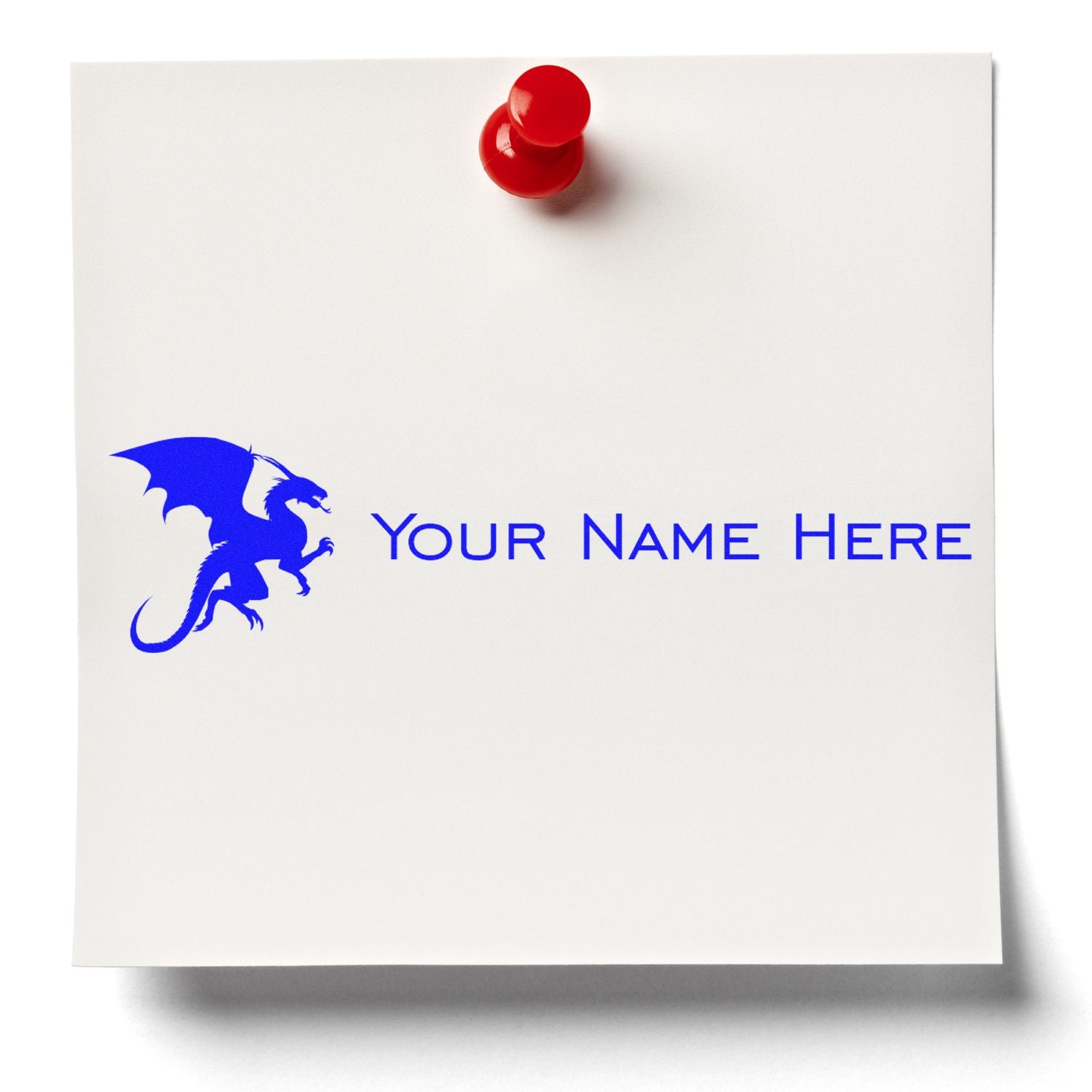 Custom stamp and seal sheet with blue dragon logo and YOUR NAME HERE text, pinned by a red thumbtack.