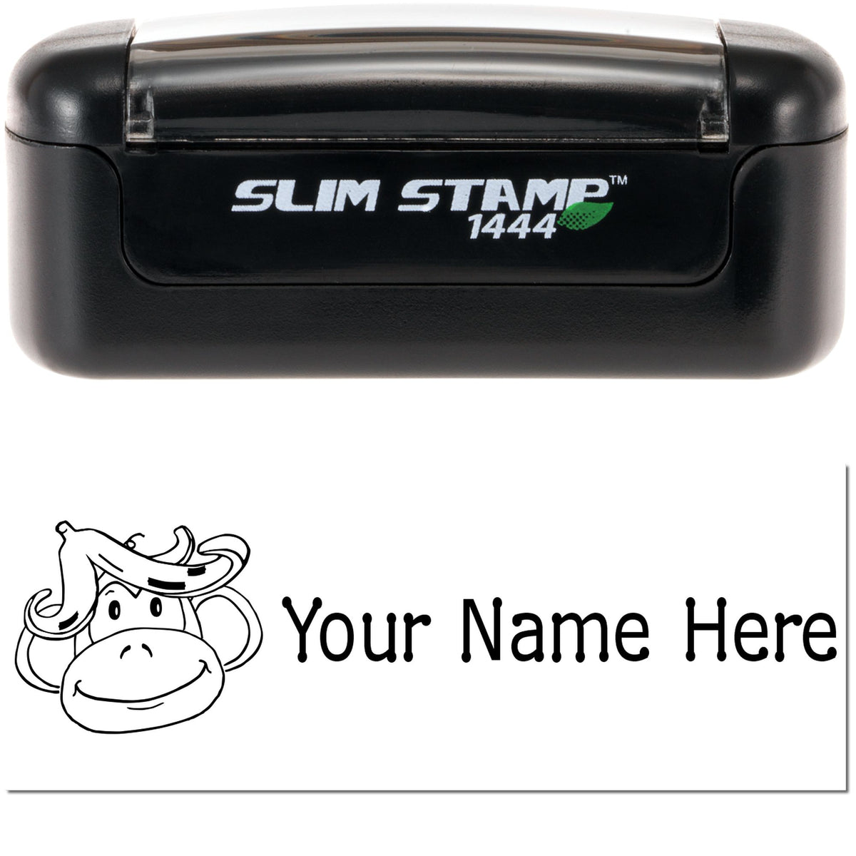 Black Slim Stamp 1444 self-inking stamp with white custom seal design, cartoon cow, and Your Name Here text.