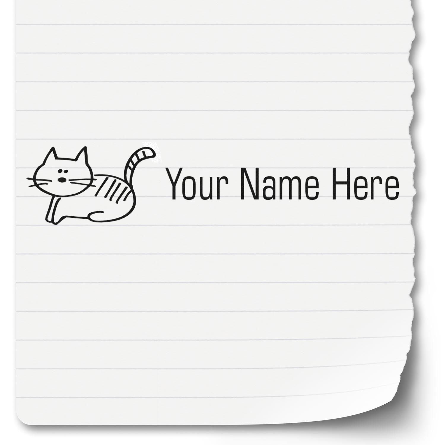 Custom black cat name stamp with Your Name Here on white lined paper background