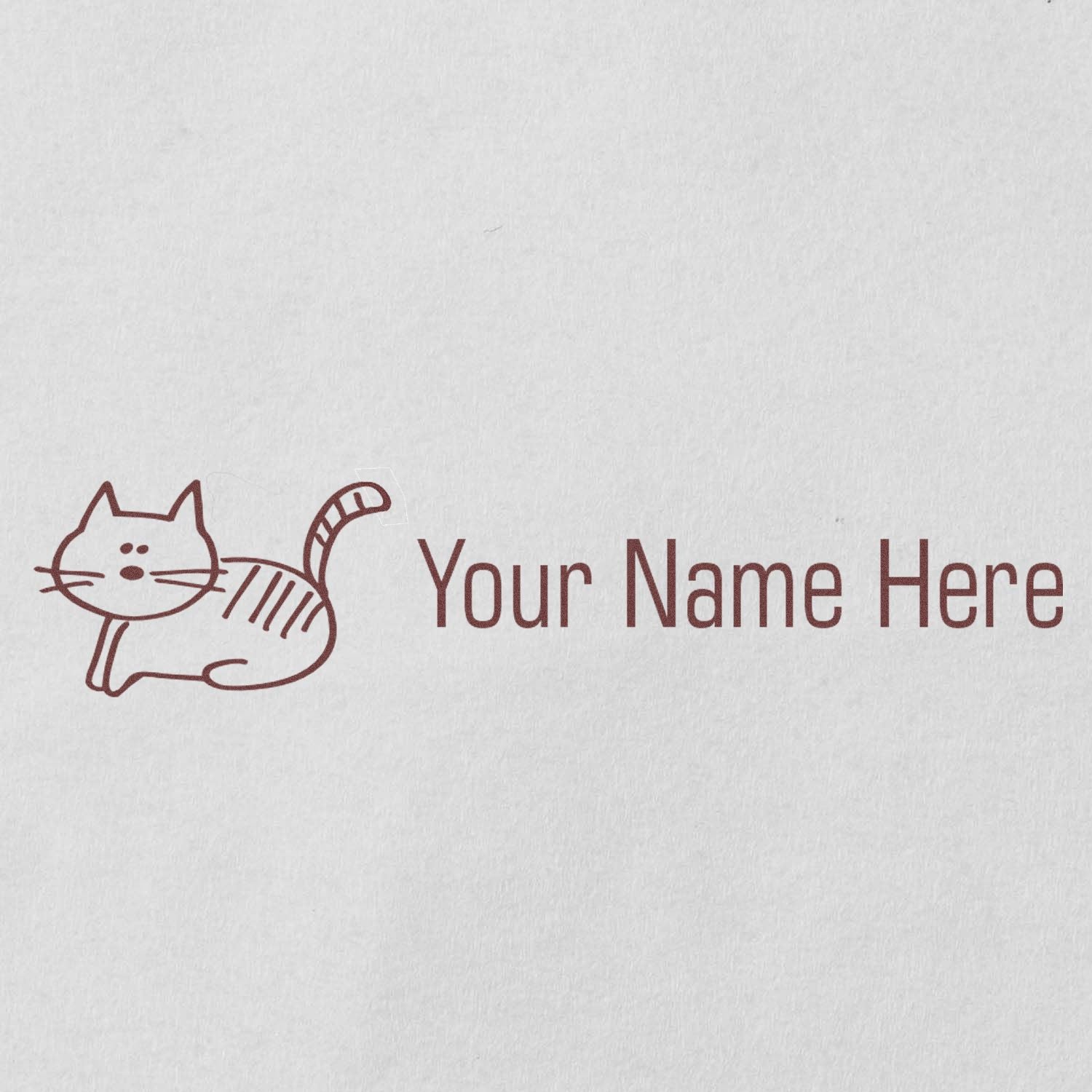 Burgundy cat name stamp and seal with "Your Name Here" text on white paper